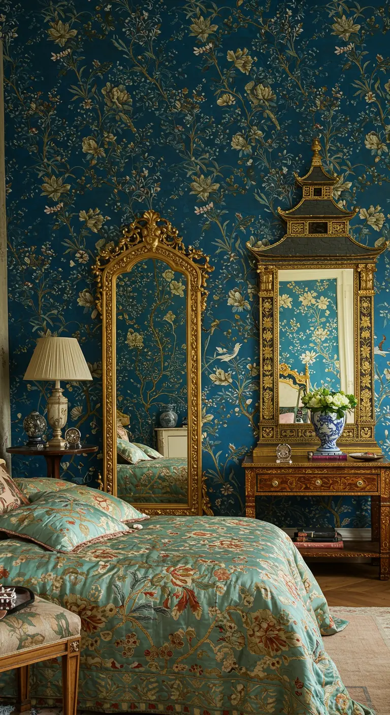 Teal chinoiserie bedroom with two distinct ornate gold mirrors.