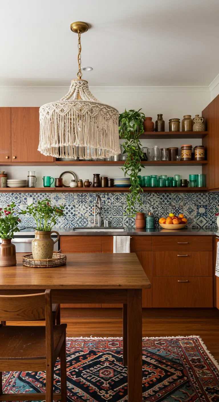 Kitchen with teak cabinets, a patterned tile backsplash, and a macrame chandelier.