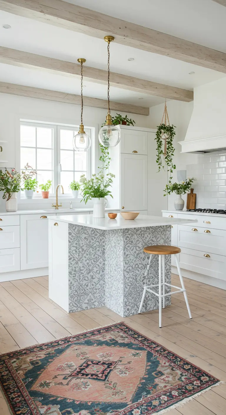 An all-white kitchen with a subtly patterned gray tile island and a colorful vintage rug.
