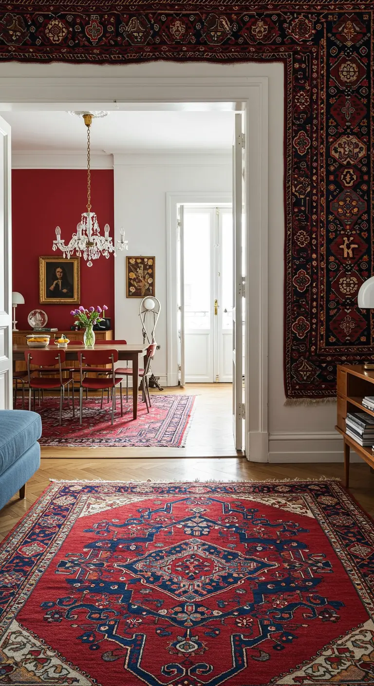 A living room with a large red Persian rug, with another visible in the dining room beyond.