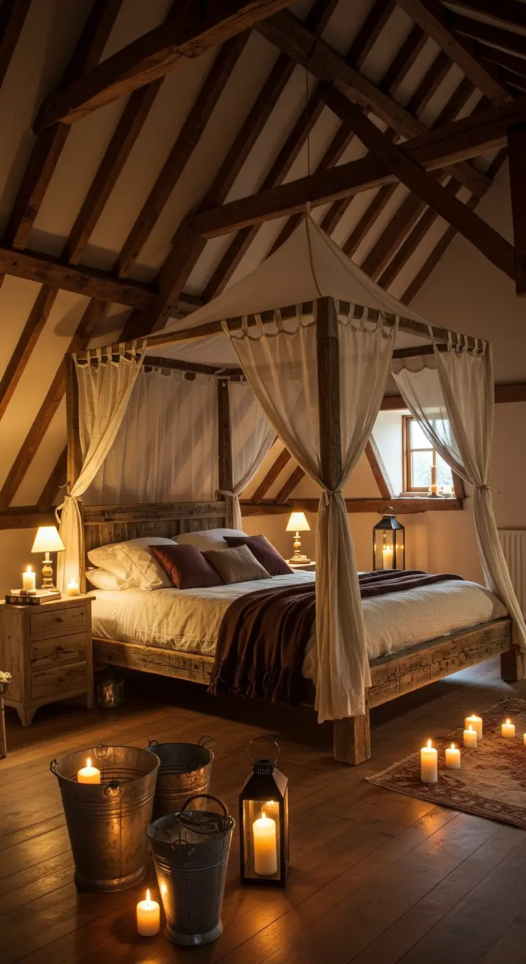 Rustic bedroom with exposed beams, a wood four-poster bed, and candles in buckets.