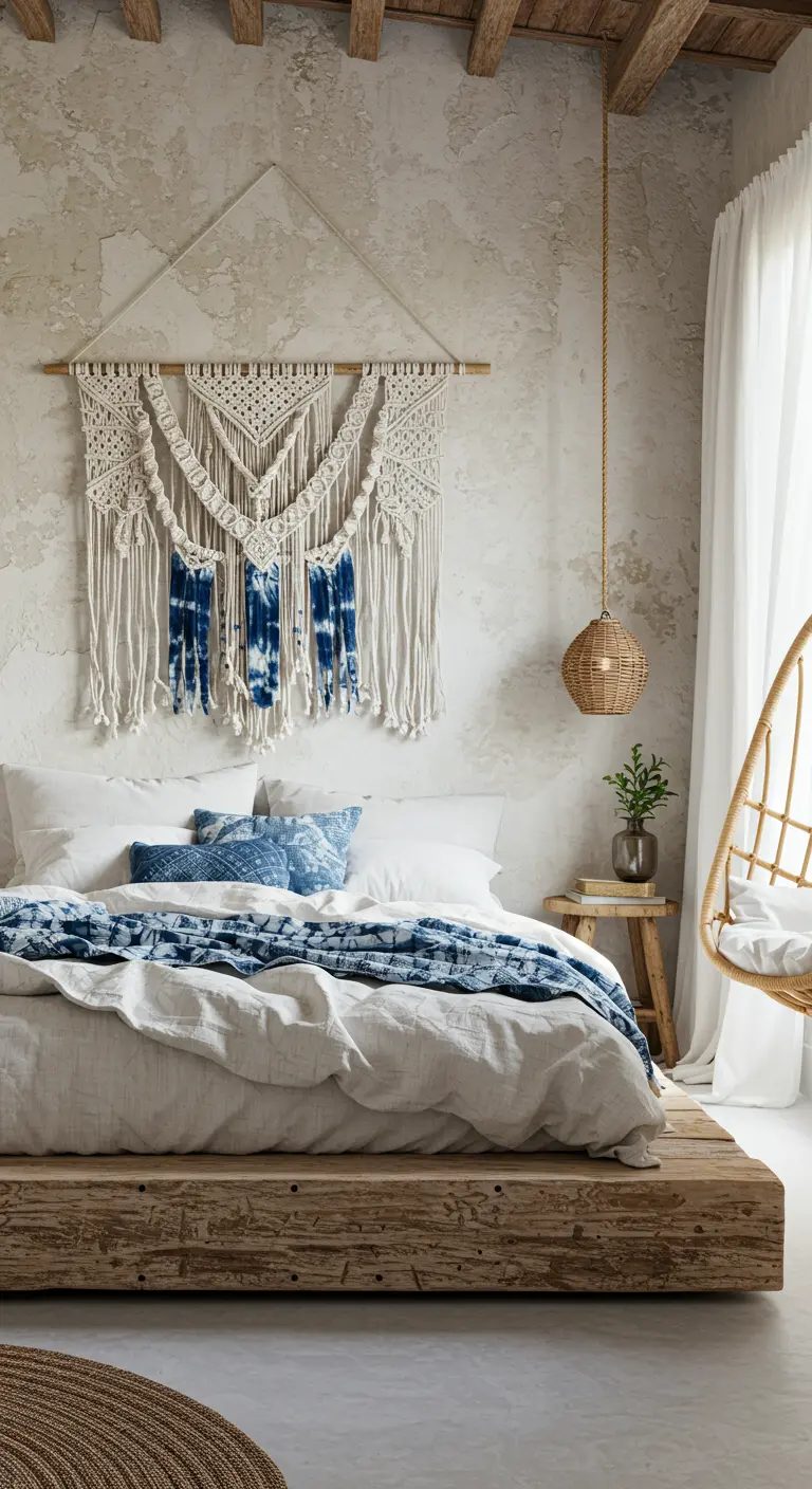 Bohemian coastal bedroom with a macrame wall hanging, reclaimed wood bed, and a rattan swing chair.