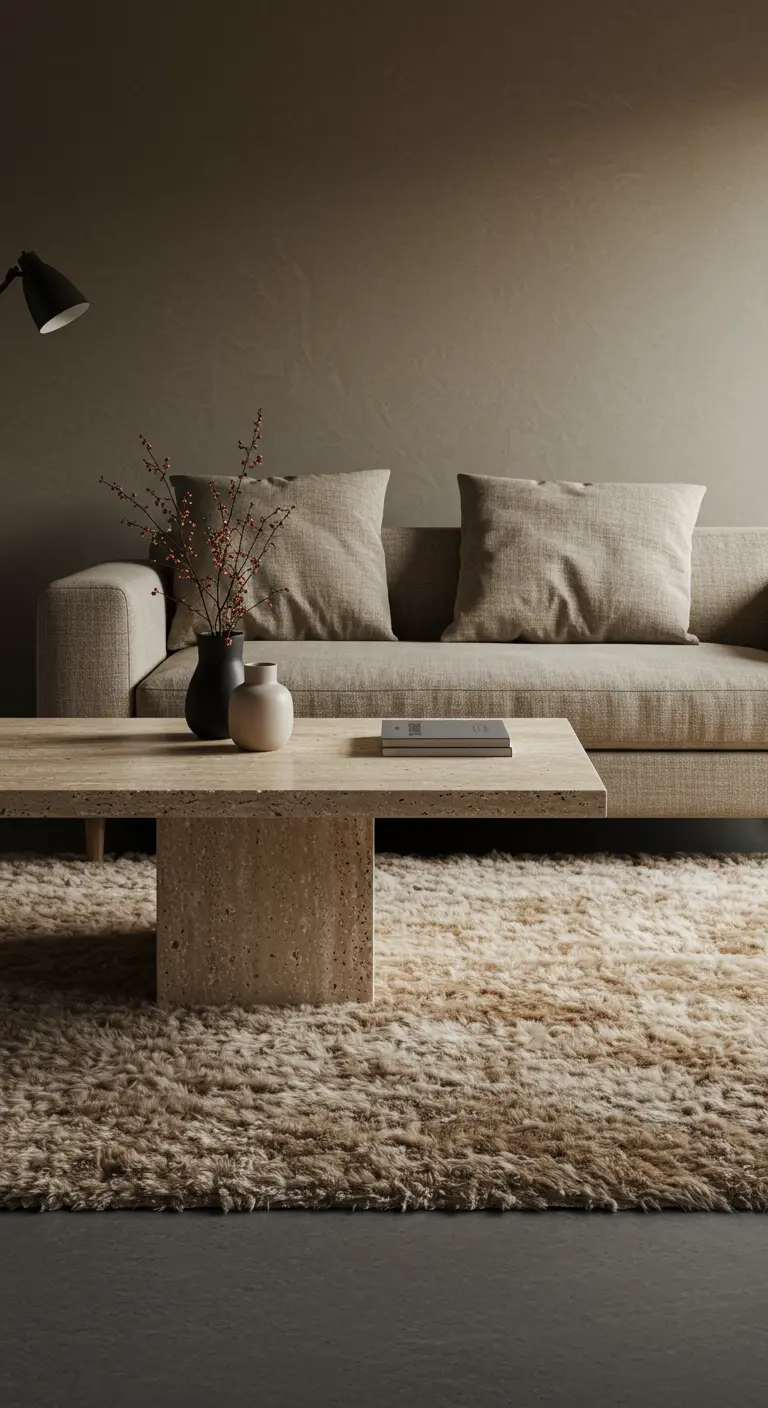 A close-up of a chunky, high-pile wool rug and a solid travertine coffee table.