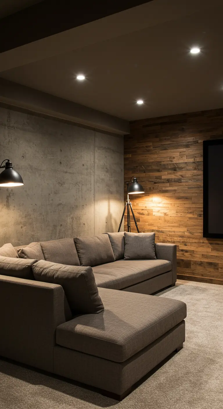 Basement media room with a concrete wall, a wood accent wall, and a gray sectional.