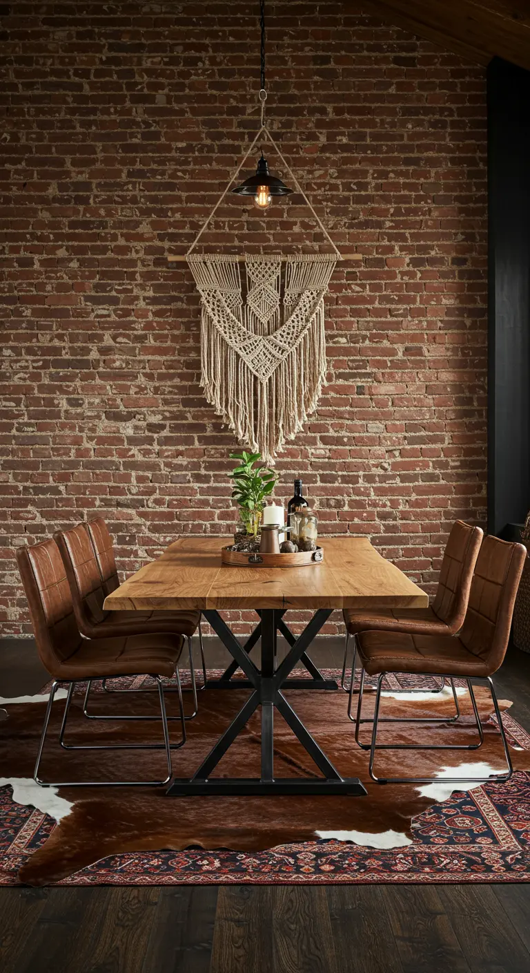An industrial dining room with a brick wall, leather chairs, and a layered cowhide rug.