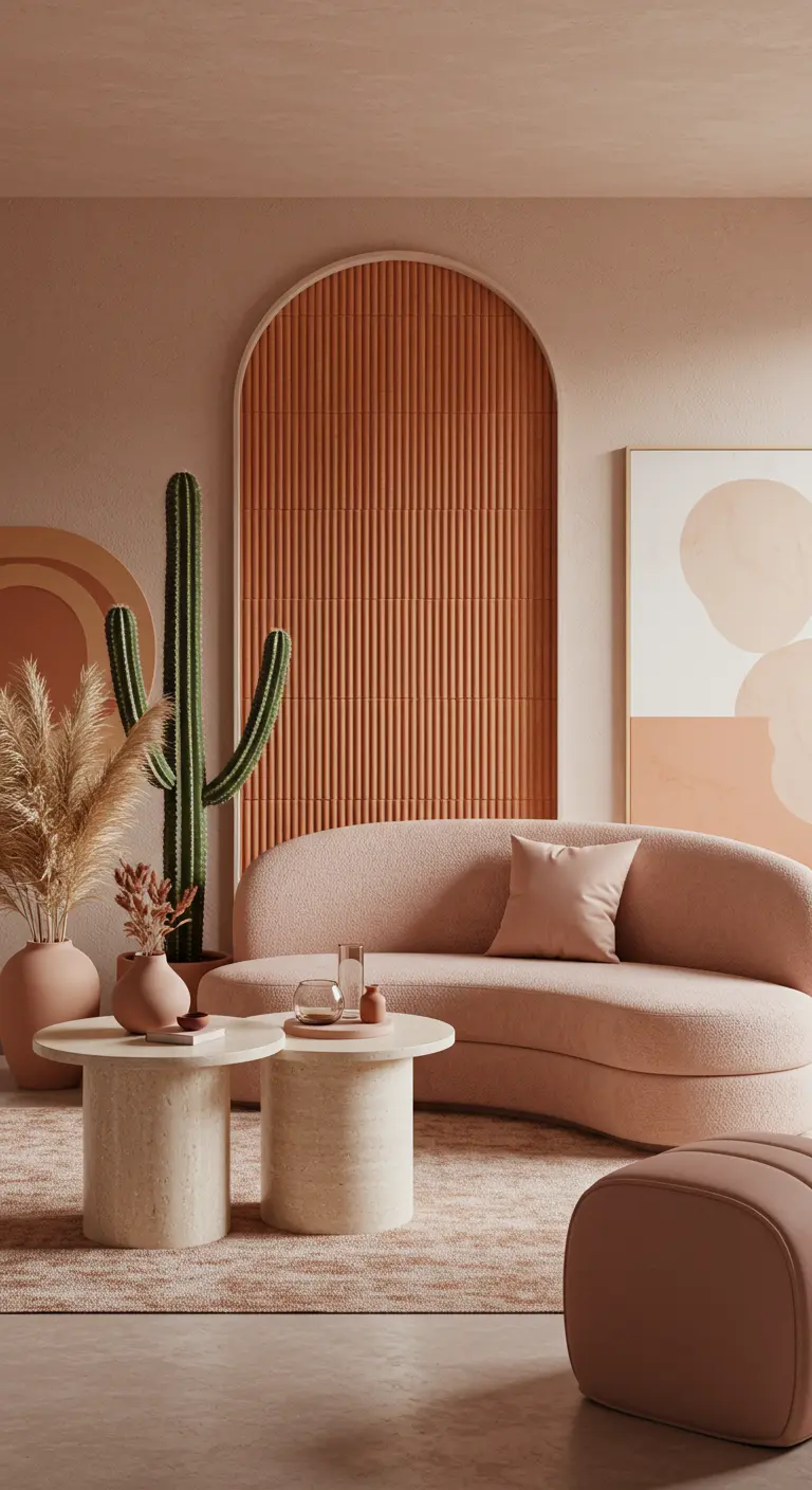 A desert modern room with a curved pink bouclé sofa and a fluted wood archway.