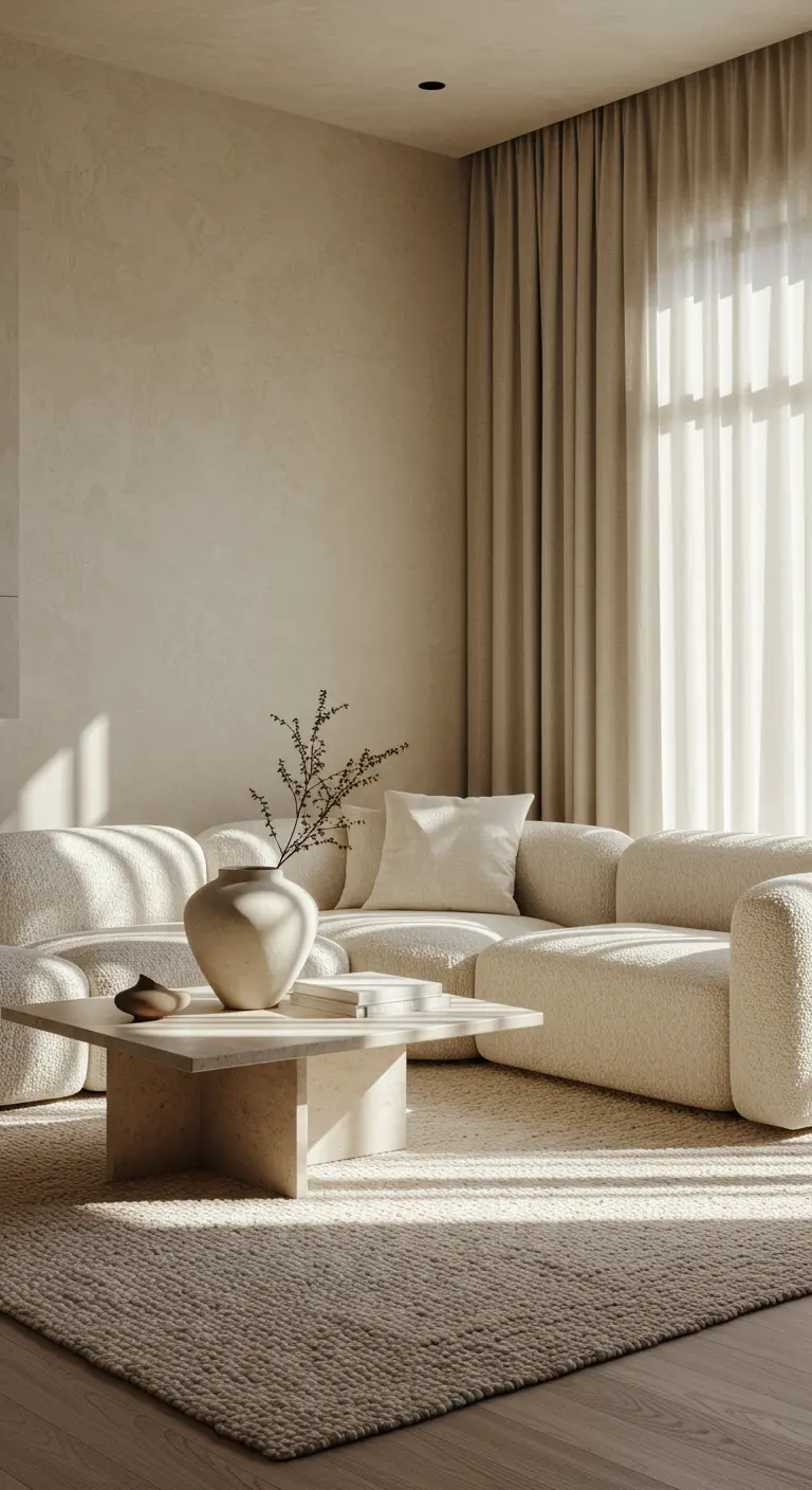 Tone-on-tone living room with bouclé sofa, travertine table, and a single sculptural vase.