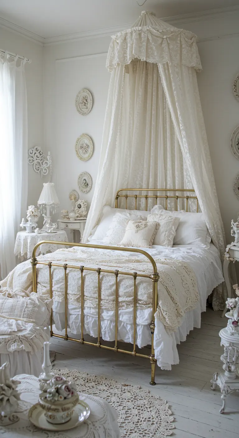 An all-white shabby chic bedroom with layers of lace, a brass bed, and a full canopy.