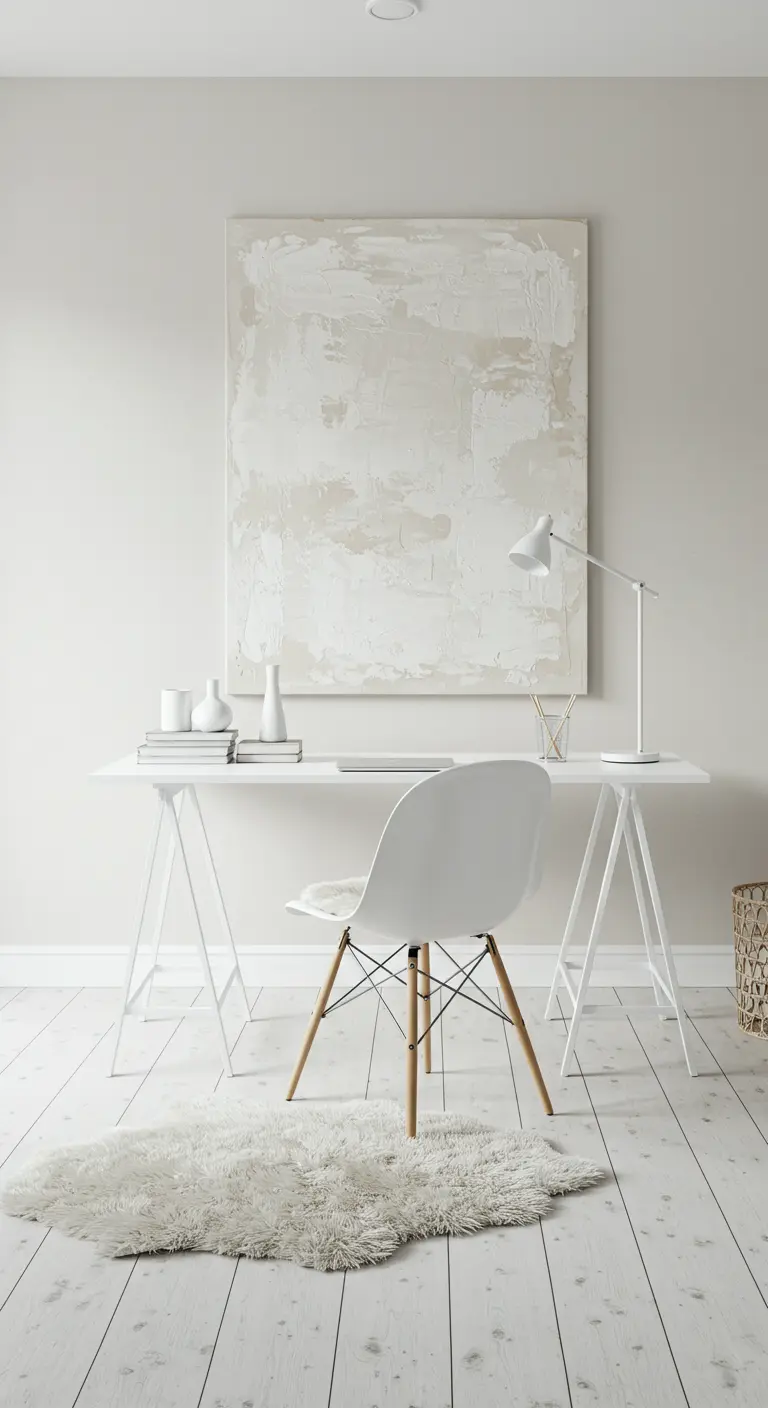 White home office with a minimalist desk, textured abstract art, and a small sheepskin rug.