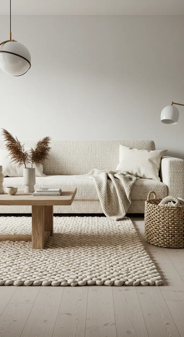 A cream-colored room with a textured sofa, chunky knit rug, and a woven basket.
