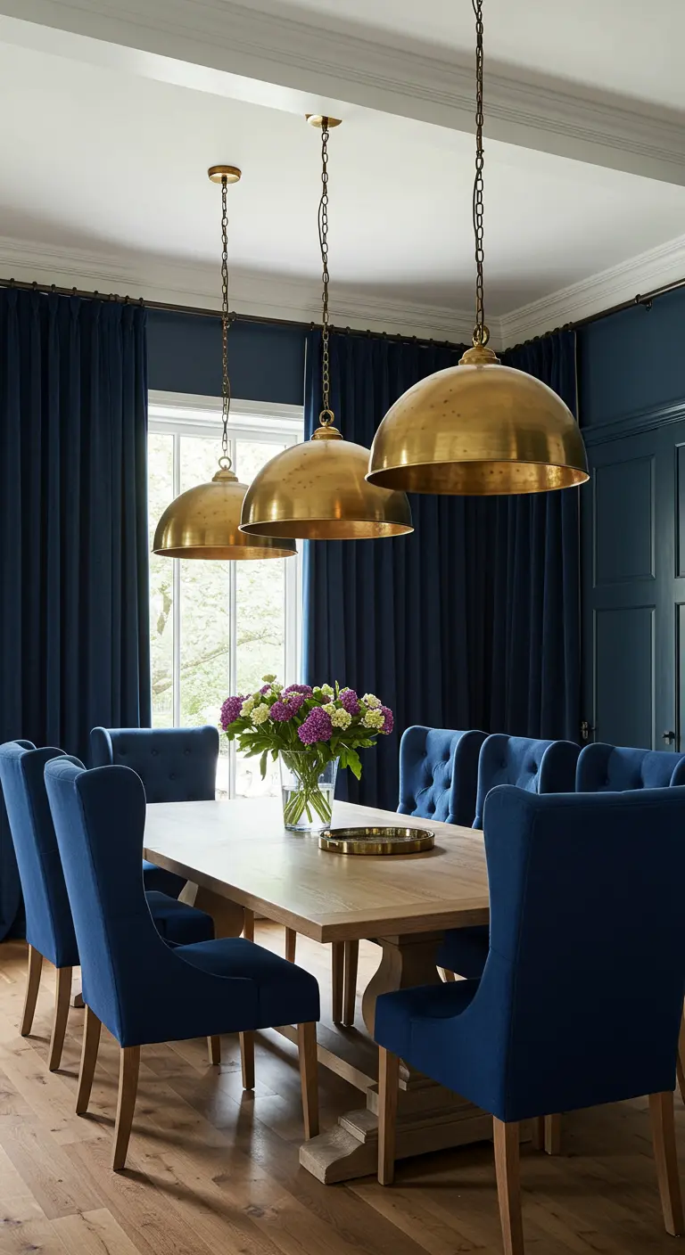 Dining room with royal blue velvet chairs, matching blue curtains, and three brass dome pendants.