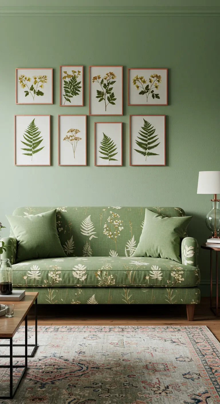 Green living room with a fern-print sofa and a gallery wall of framed pressed ferns.