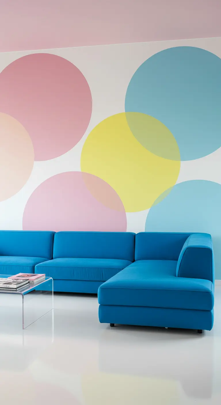 Large, overlapping painted circles in pastel hues behind a bright blue sectional sofa.