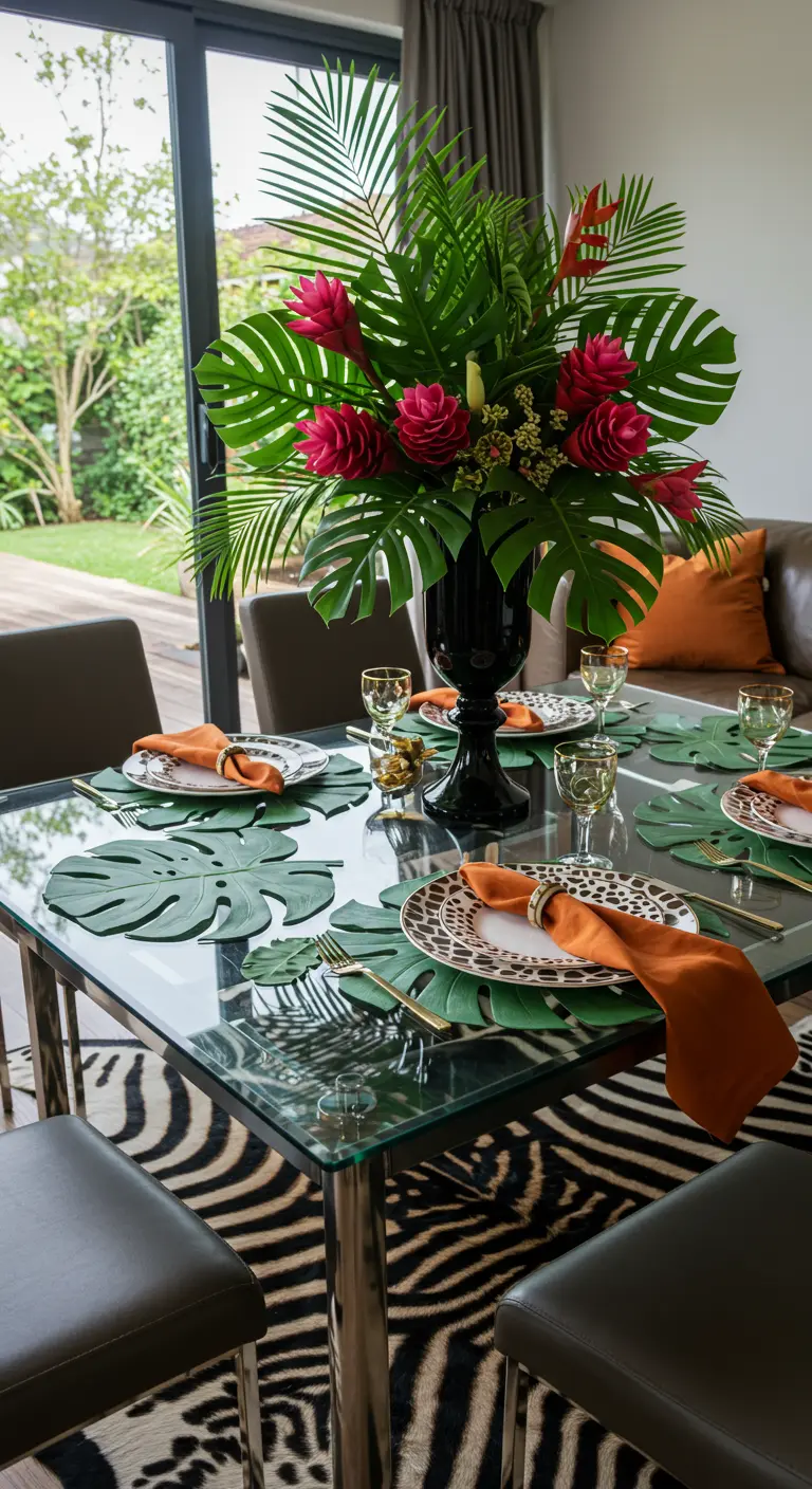 A jungle-themed table with monstera leaf placemats, animal print plates, and a zebra-print rug.
