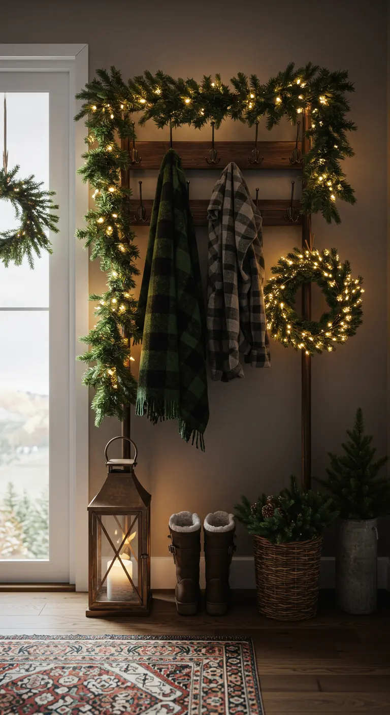 Rustic hall tree decorated with lit garland, a small wreath, and plaid blankets.