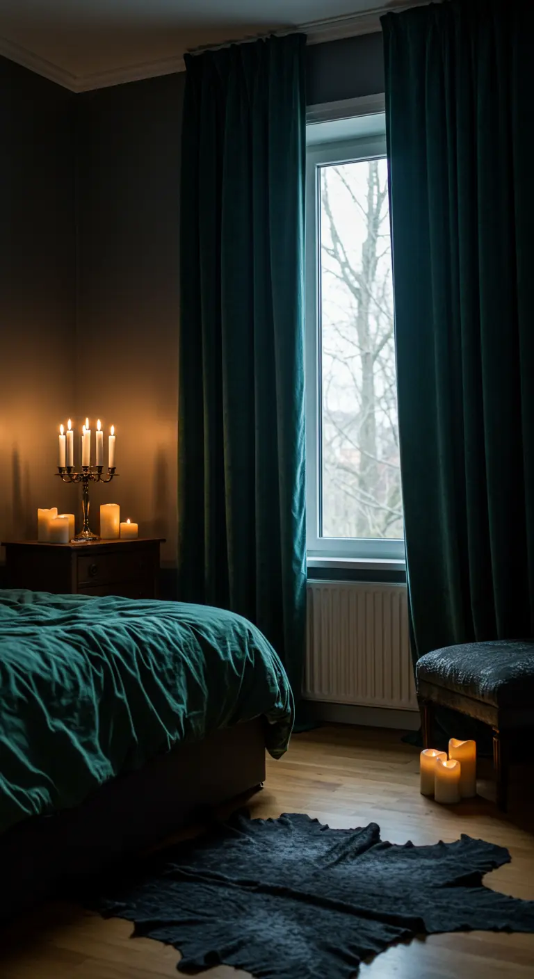 Moody bedroom with dark teal velvet curtains and bedspread, illuminated by clusters of candles.