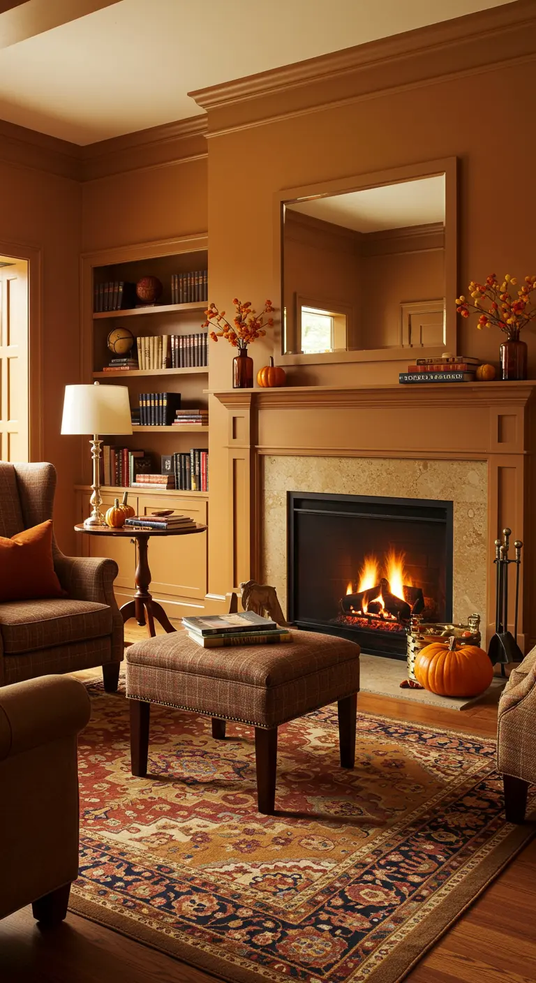 Cozy living room with caramel walls, a plaid wingback chair, and pumpkins by the fireplace.
