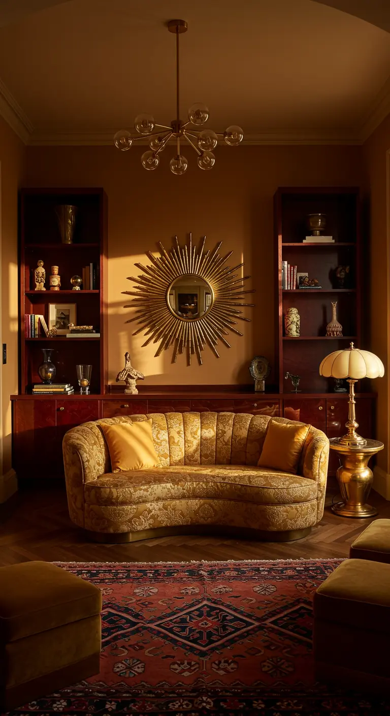 Warm living room with a gold patterned sofa, wood bookcases, and a central sunburst mirror.