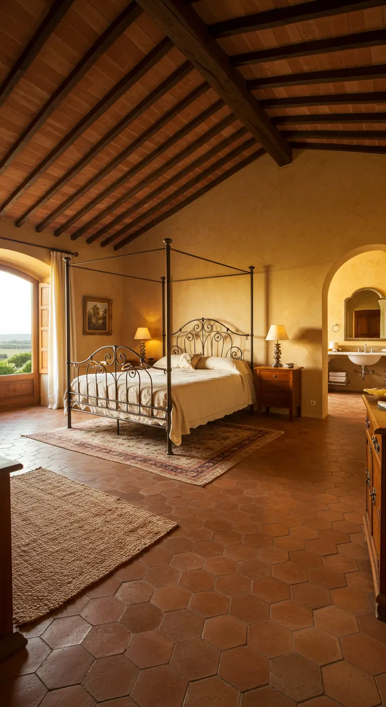Tuscan bedroom with a wrought-iron canopy bed, terracotta hex tiles, and a beamed ceiling.