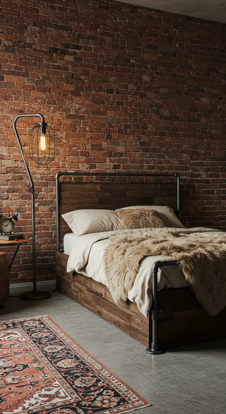 A rustic industrial bedroom with a red brick wall, a reclaimed wood bed, and an oriental rug.