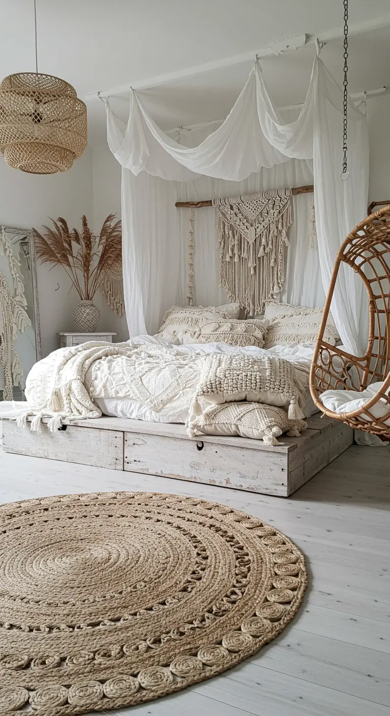 Bohemian bedroom with a fabric canopy, macrame wall hanging, and a large round jute rug.
