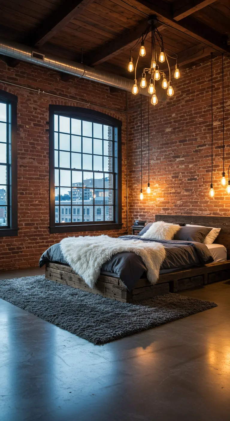 Industrial loft bedroom with exposed brick walls, a wood pallet bed, and layered lighting.
