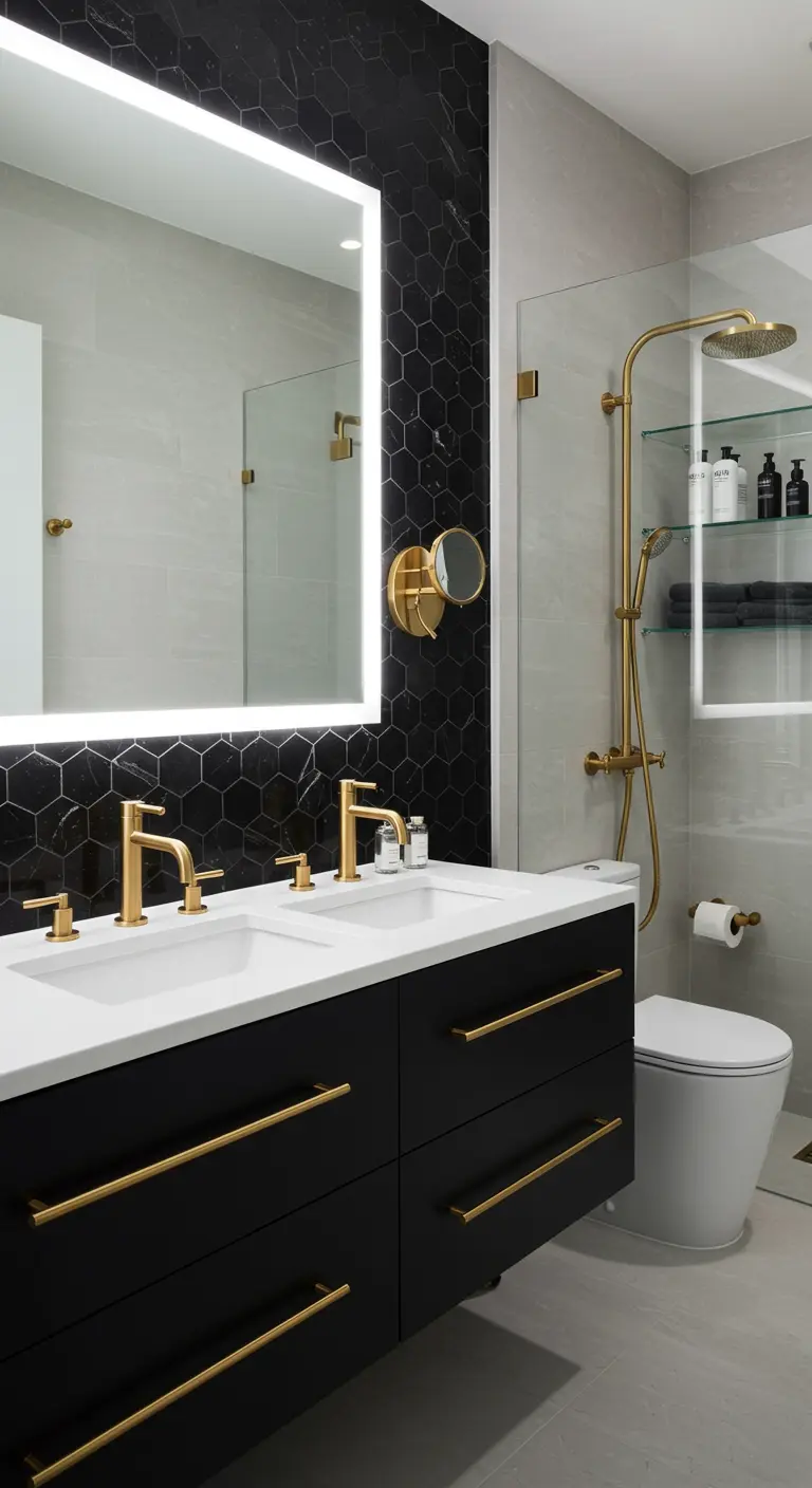 A black vanity with brass hardware and a large backlit mirror against a black tile wall.