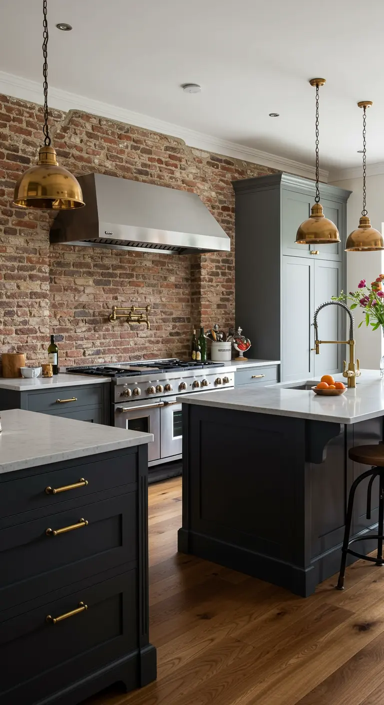 Large kitchen with two islands, black cabinets, red brick wall, and layered brass lighting.