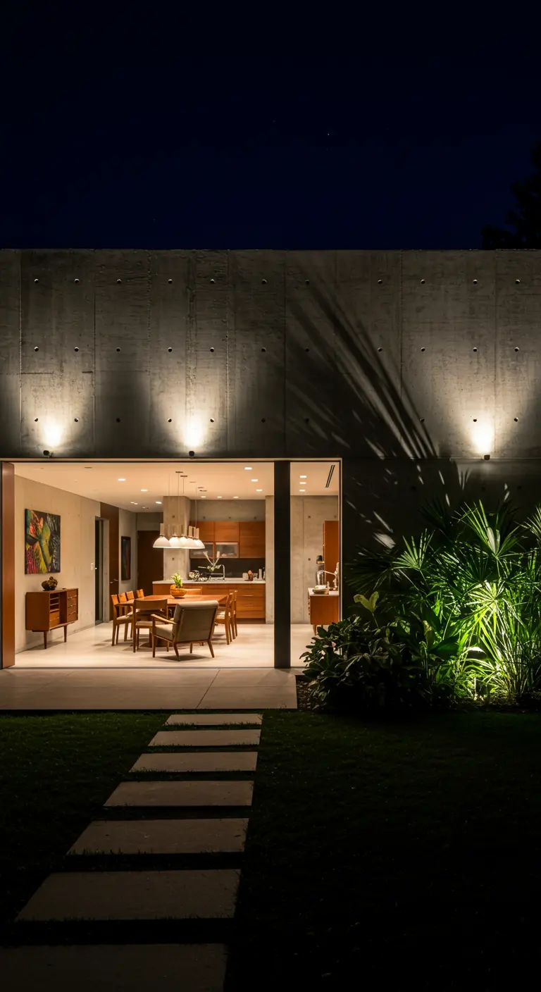 A modern concrete house at night, with warm interior light and dramatic uplighting on outdoor plants.