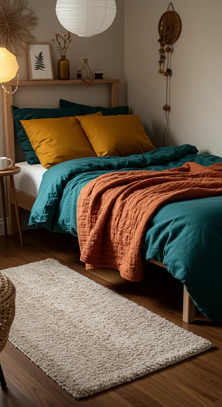 Bed with layered linens: a teal duvet, mustard pillows, and a terracotta throw.