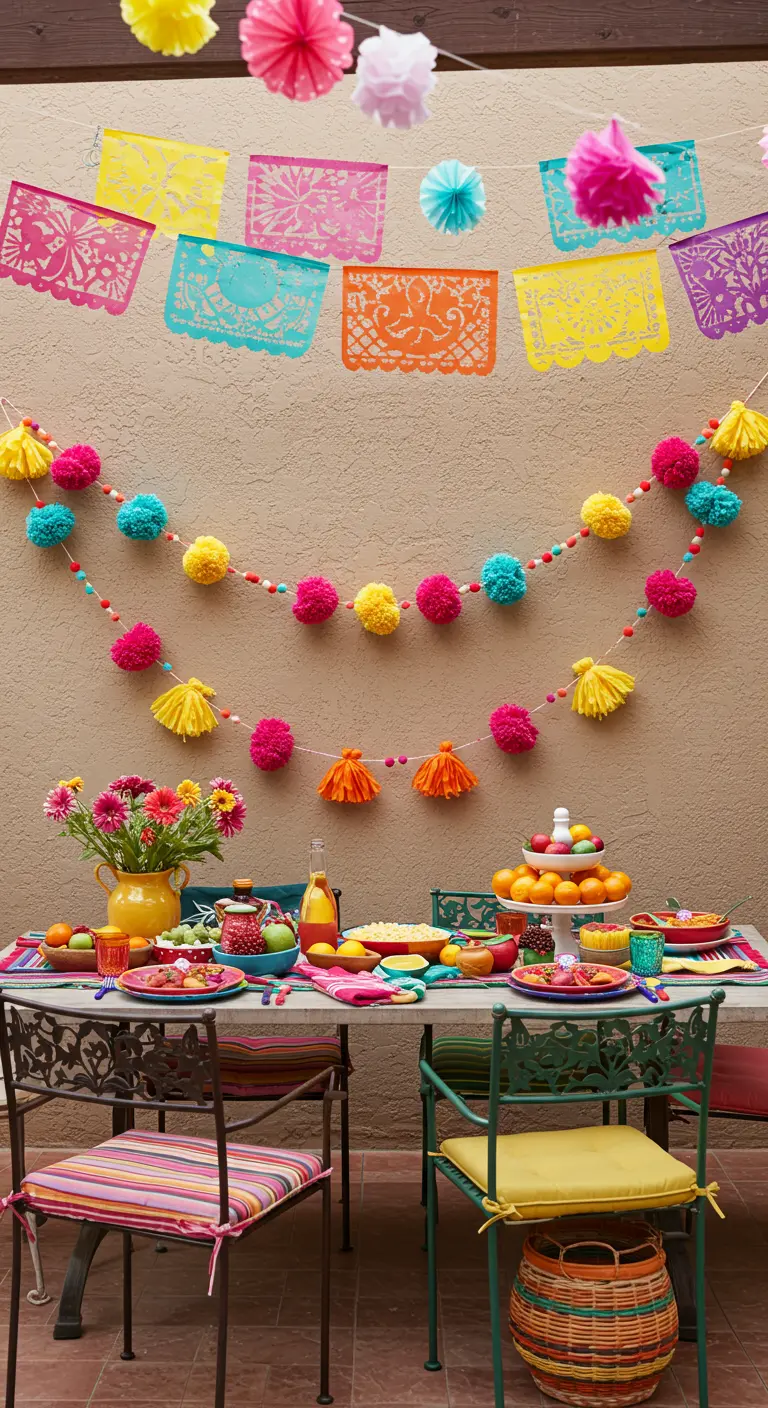 Layered party decorations including papel picado, pom-poms, and tassels, hanging above a colorful table.
