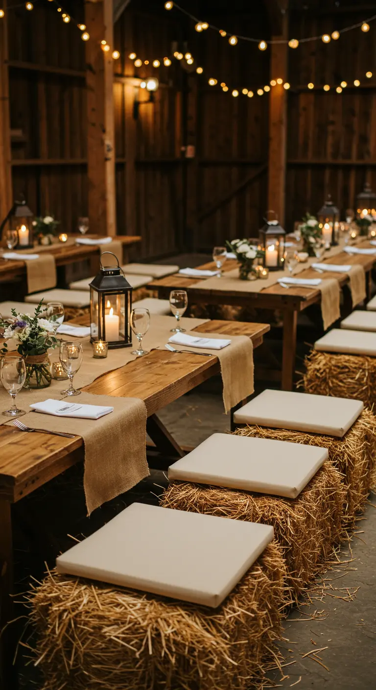 A rustic tablescape with a burlap runner, candle lanterns, and hay bale seating.