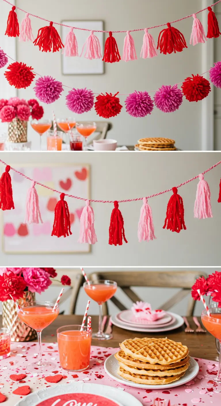 A three-panel image showing layered red and pink pom-pom and tassel garlands over a Valentine's table.