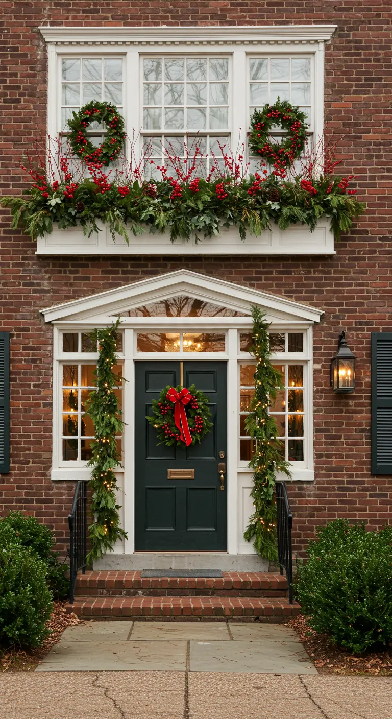 Brick house with a festive window box, two window wreaths, and a matching door wreath.