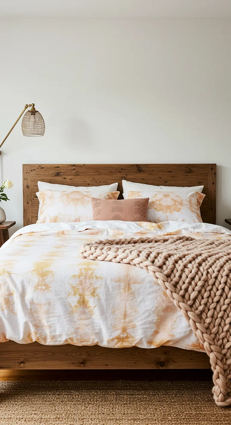 A wood bed with subtle orange tie-dye linens and a large, chunky pink knit throw blanket.