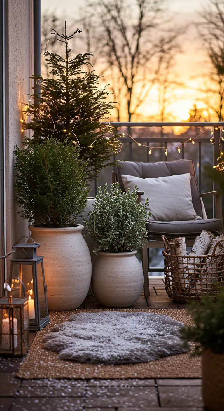 A cozy balcony corner with layered rugs, textured planters, and a chair with cushions.