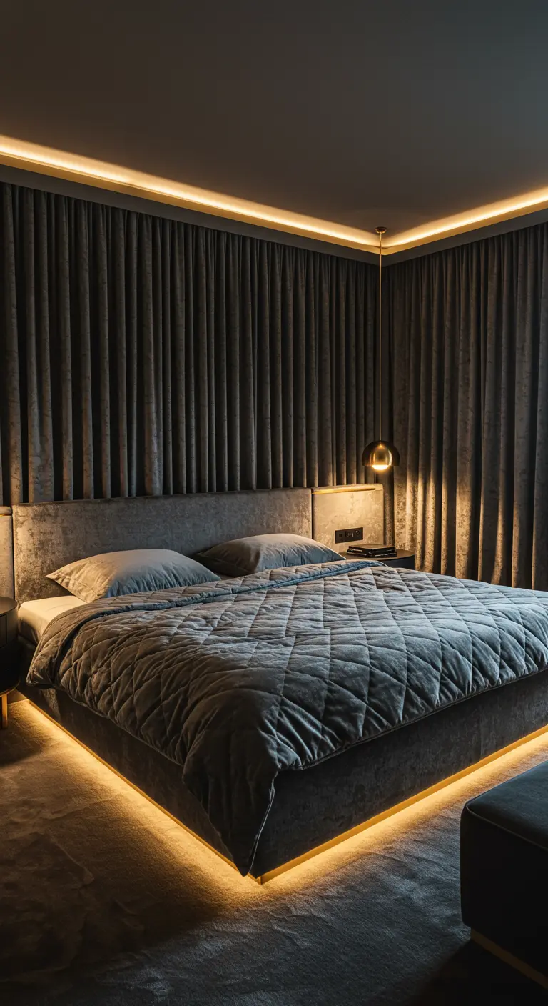 Dark bedroom with charcoal velvet and layers of warm LED lighting from the ceiling and under the bed.