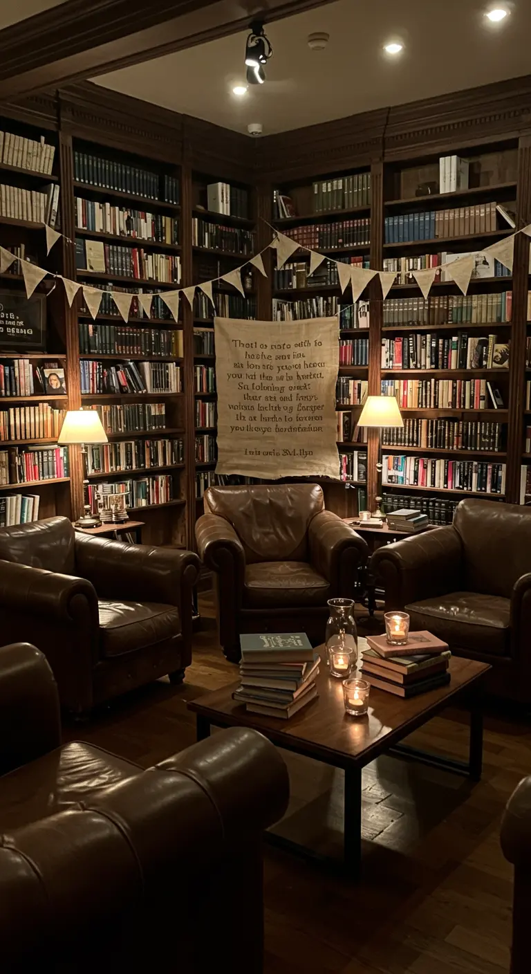 A sophisticated library room with leather armchairs and a large fabric banner with a quote.