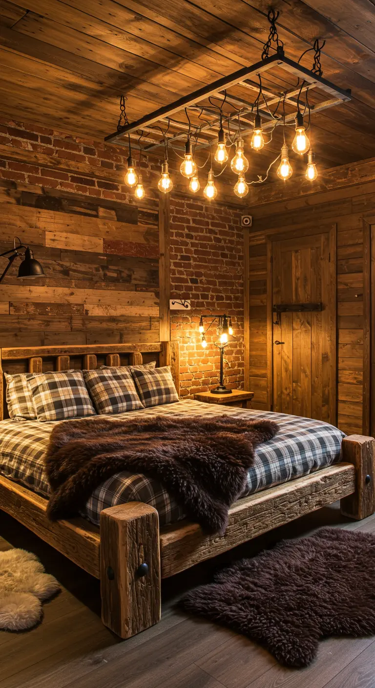 A rustic bedroom with wood-paneled walls, a brick accent, and a light fixture made from a ladder.