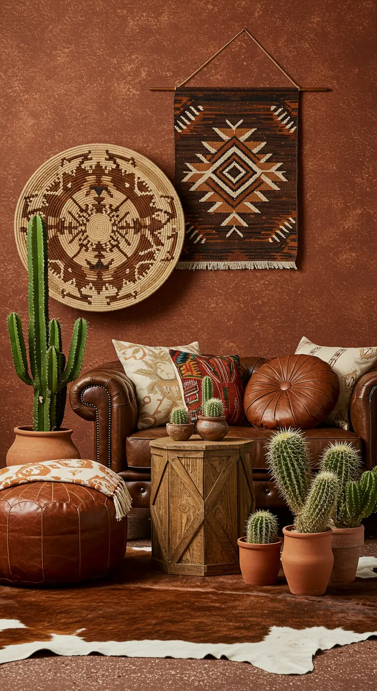 A cozy living room with a leather sofa, terracotta pots, and southwestern-style textiles.