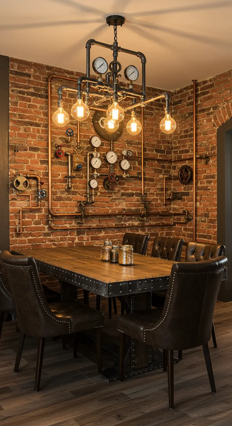 Steampunk dining room with a wall of exposed pipes, gauges, and a metal-trimmed table.