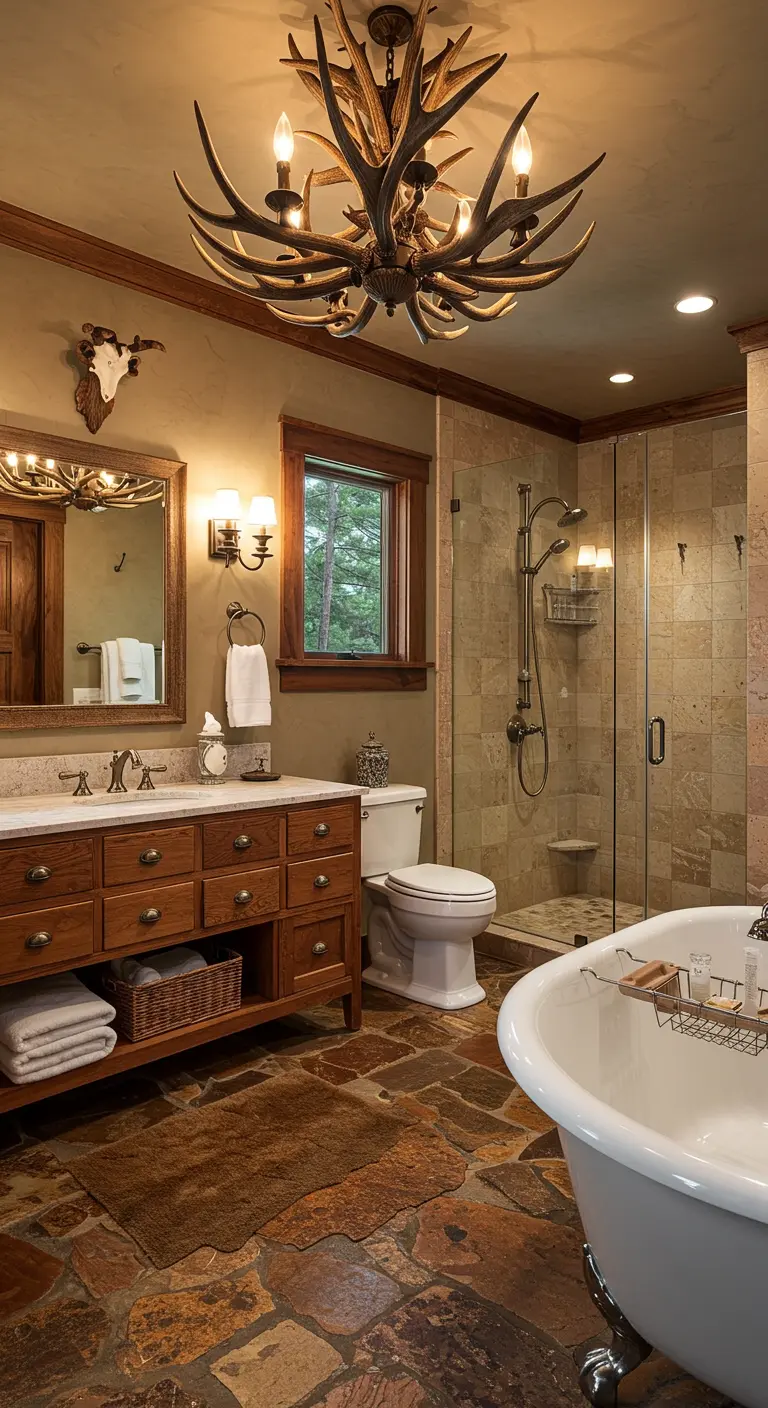 Traditional rustic bathroom with a wood vanity, clawfoot tub, and flagstone floors.