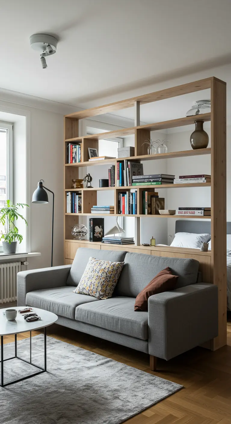 A large wood bookshelf separates a grey sofa from a bed in a studio apartment.