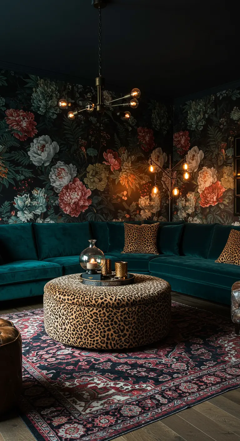 Leopard print ottoman with a teal velvet sectional and dark floral wallpaper.
