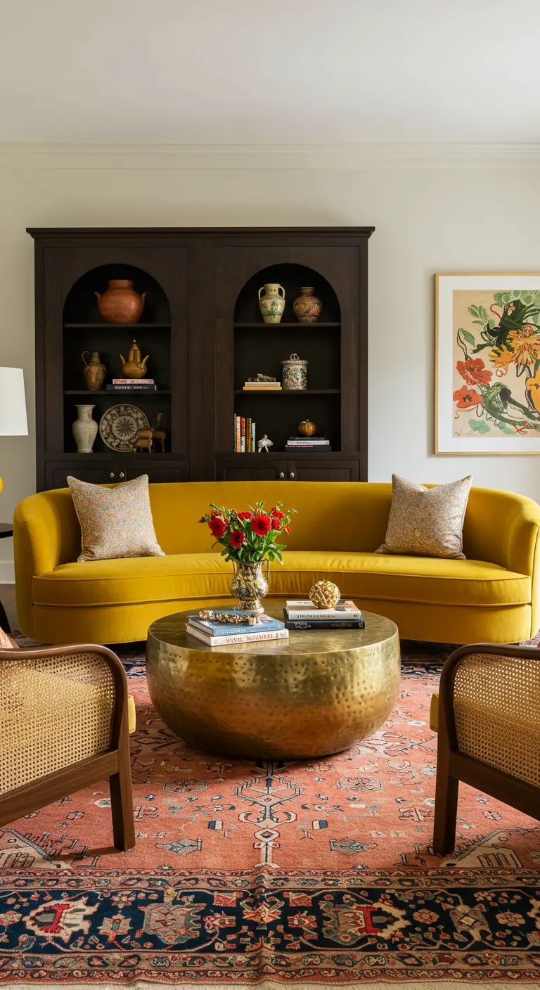 A living room with a yellow sofa centered around a large hammered brass coffee table.
