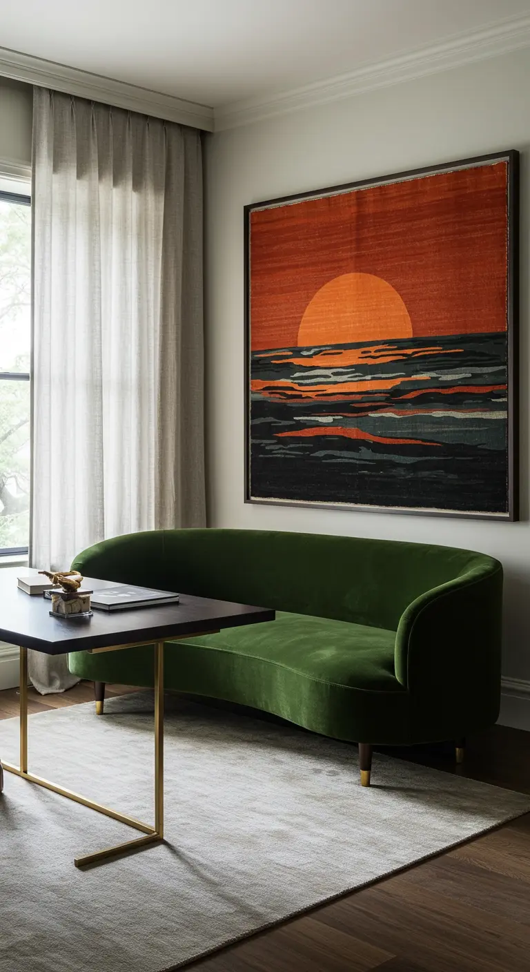 A green velvet curved sofa sits below a large, woven tapestry depicting a sunset over water.