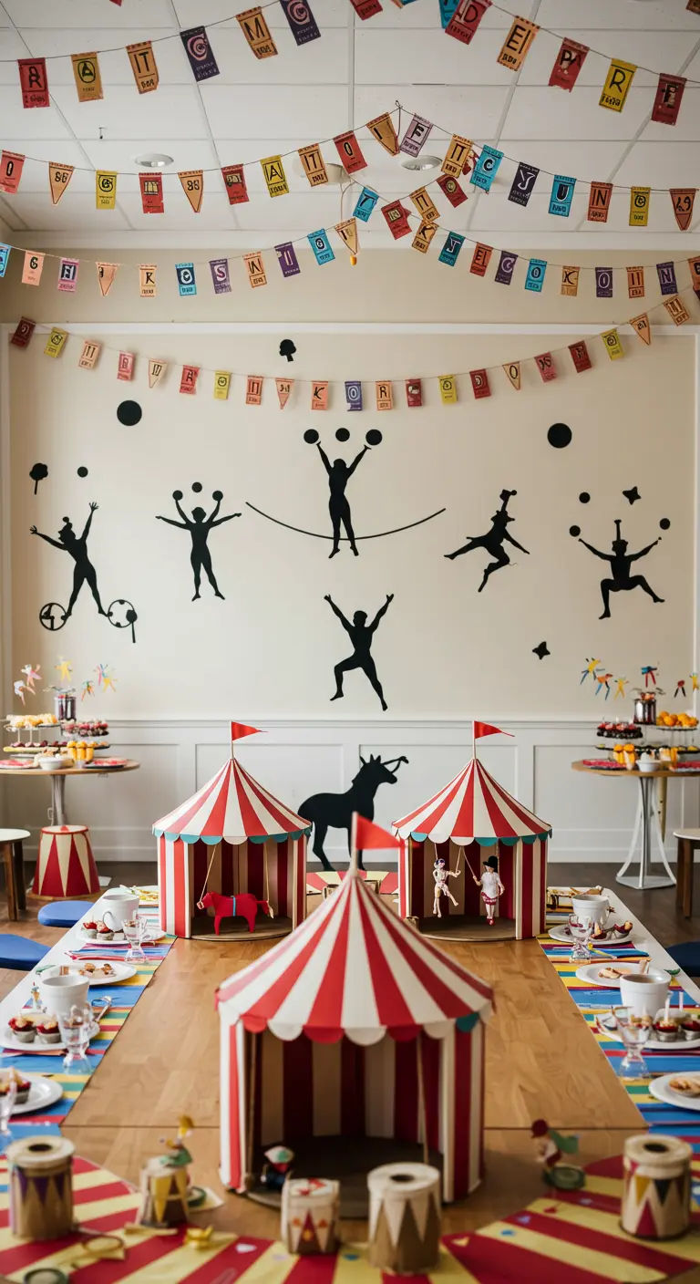 Wall decals of circus acrobats on a tightrope above a party table.