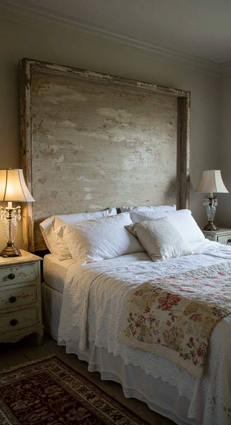 A bed with an oversized headboard made from a distressed, rustic architectural frame.