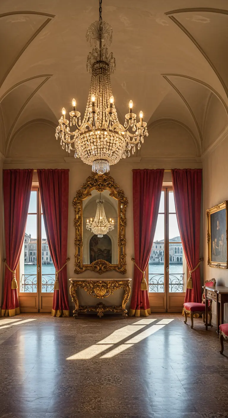 Grand room with a vaulted ceiling, crystal chandelier, and large windows with red velvet drapes.