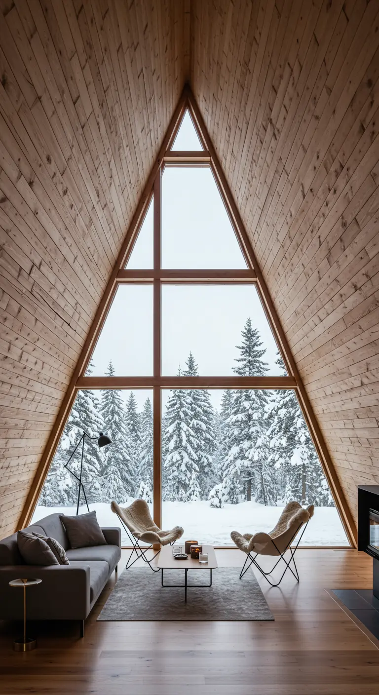 A-frame cabin interior with a large triangular window showing a snowy forest view.
